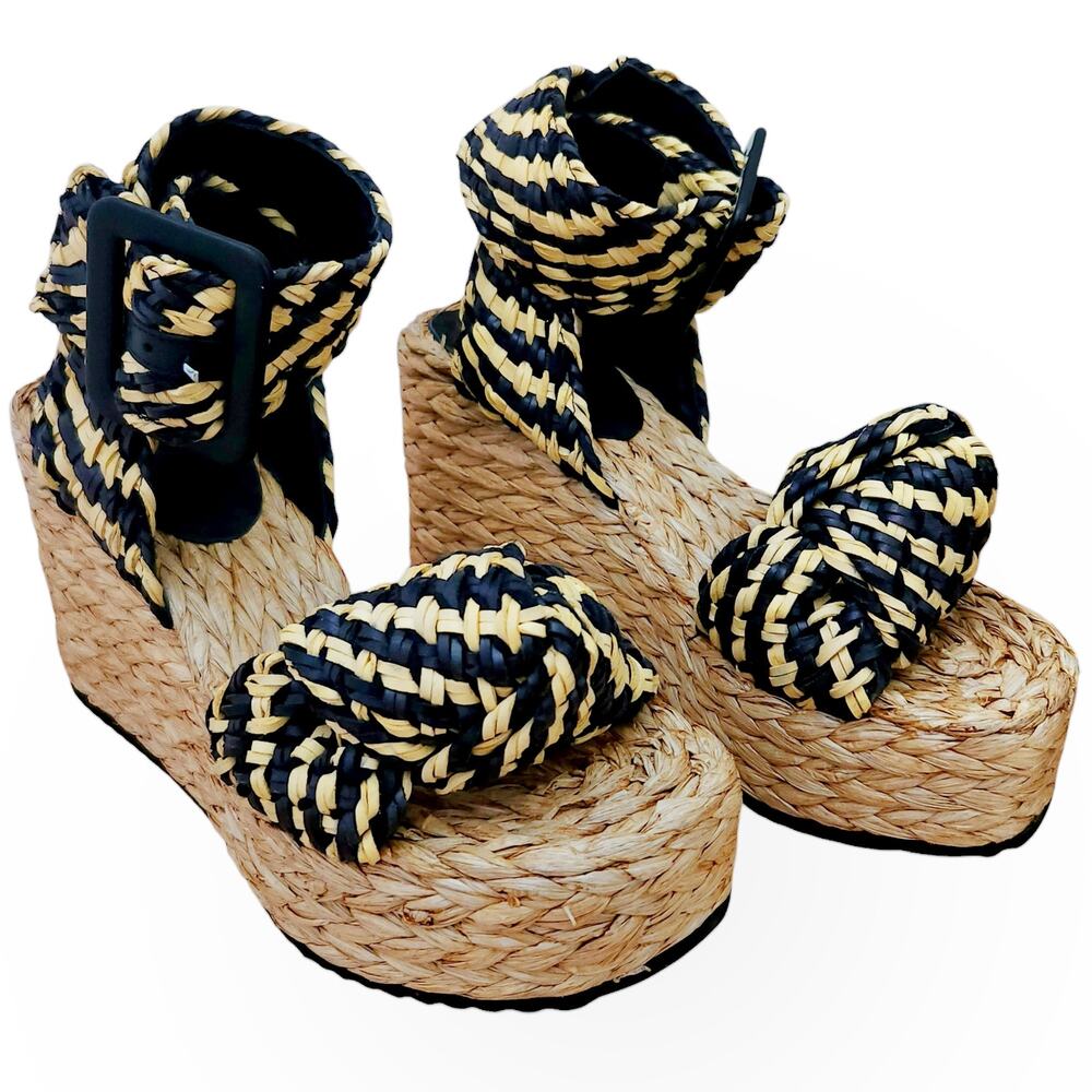 Dodo Bar Or Black and Gold Woven Espadrille Wedge Sandals